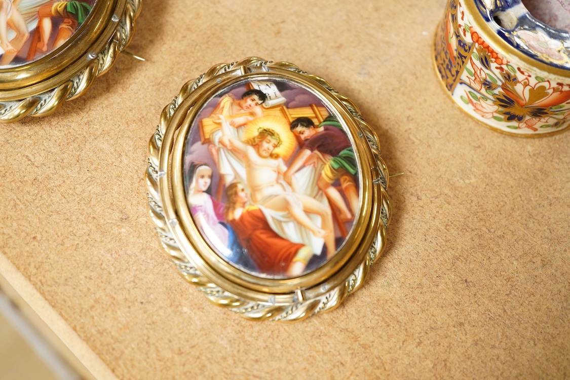 Two Paris porcelain miniatures of the Descent from the Cross, a Meissen inkwell, Staffordshire miniature busts etc, largest 13.5cm high